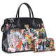 Michelle Obama Magazine Cover Printed Patent Leather Satchel with padlock deco and with Matching wallet
